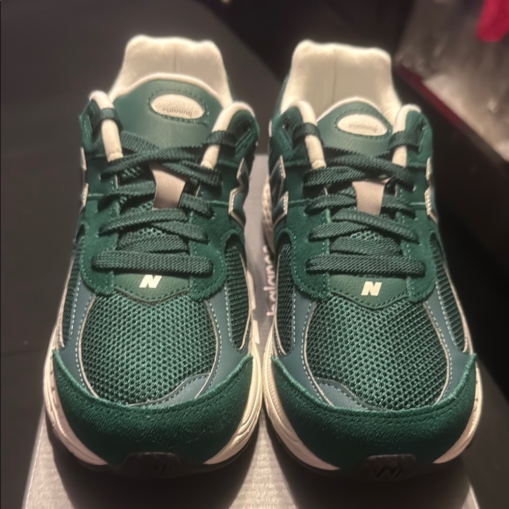Forest Green and White New Balance Sneakers